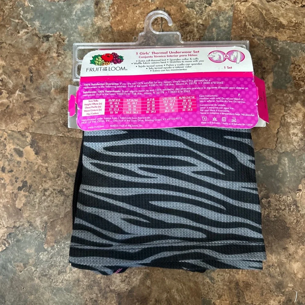 Fruit Of The Loom Thermal Underwear Set Girls Size Medium 7/8 Gray Black Leopard